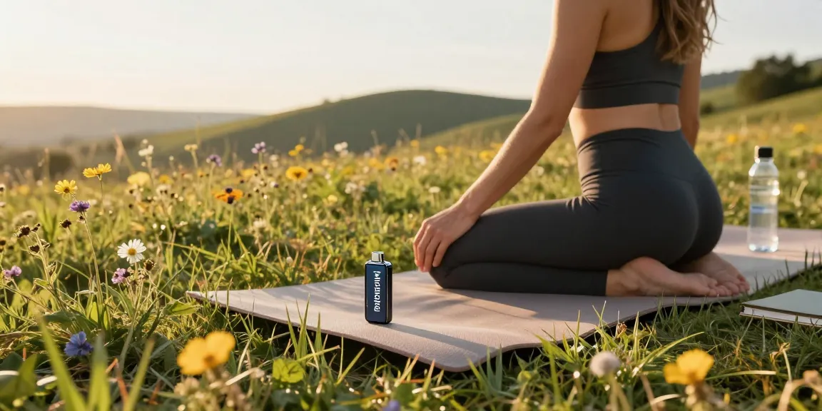 Muha Meds disposable vape device beside woman doing yoga in serene outdoor setting, promoting natural wellness.