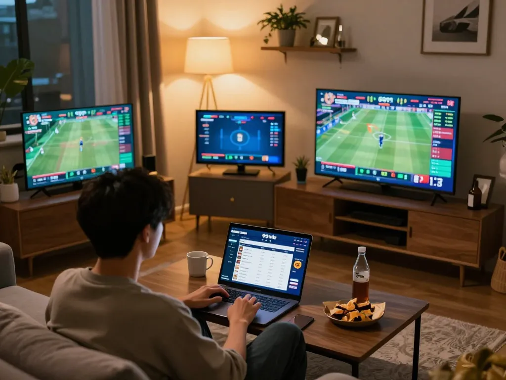 Engaging online sports betting experience with 99win app displayed on laptop during a cozy evening