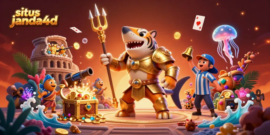 Menangkan permainan judi dengan situs janda4d, ilustrasi 3D menarik koloseum bawah laut.