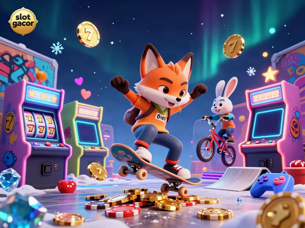 Experience slot gacor action with a fox doing tricks over golden poker chips in a vibrant casino scene.