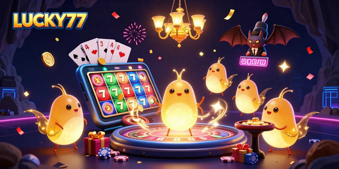 Players enjoy spinning the reels in LUCKY77's vibrant cave casino atmosphere with animated glowworms.