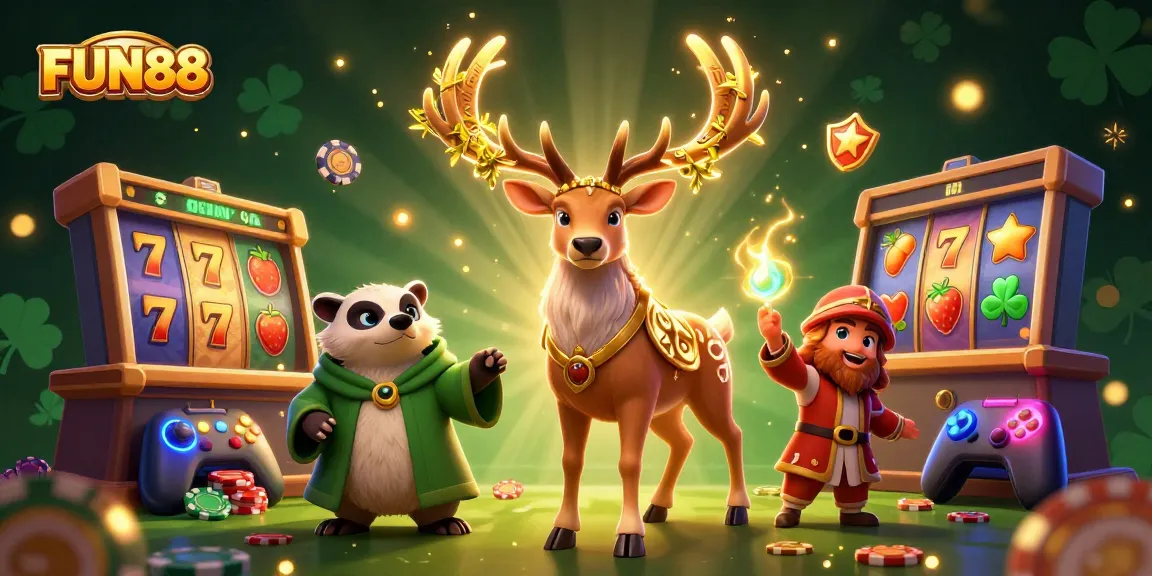 Play exciting slot games at FUN88 with our colorful 3D illustration showcasing dynamic elements.