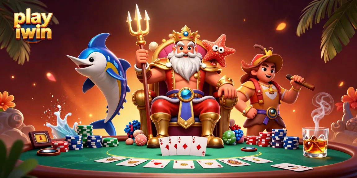 Play iwin at an exciting poker scene with Neptune, chips, and vibrant decorations.