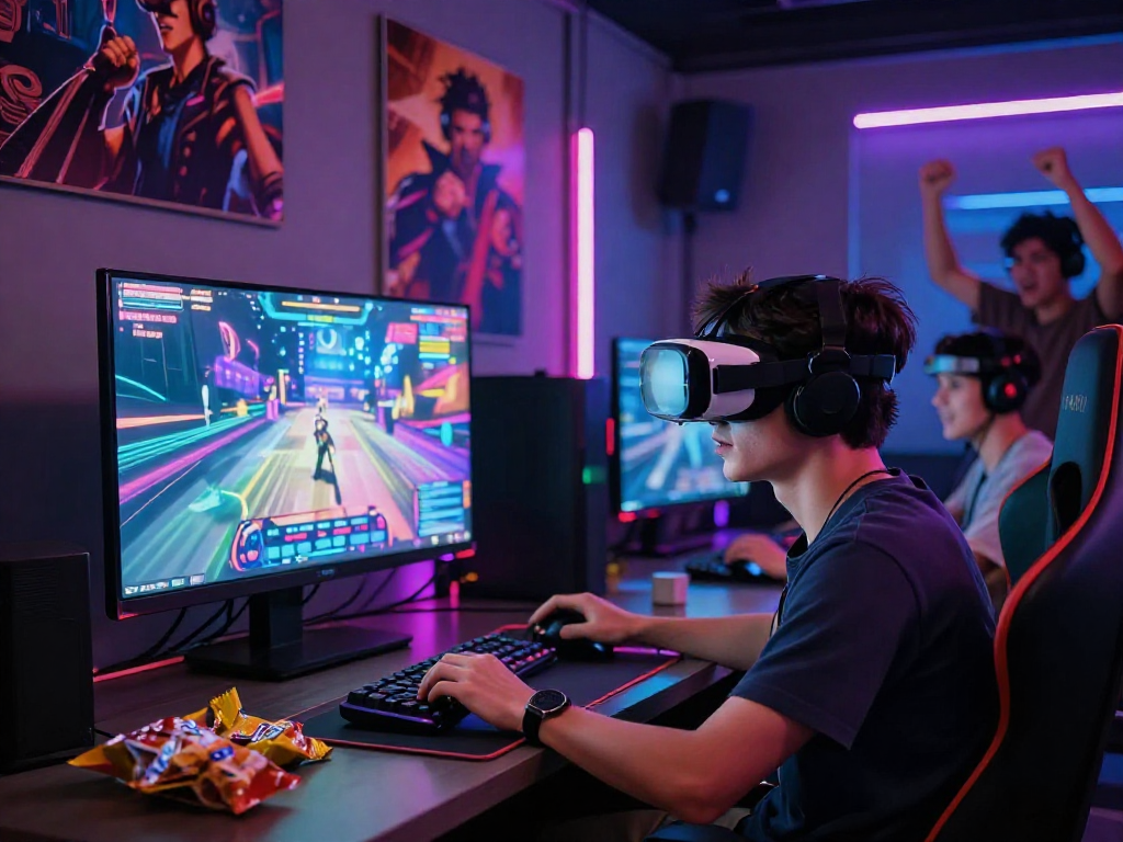 Exciting gaming experience with a porngame in neon-lit VR room.