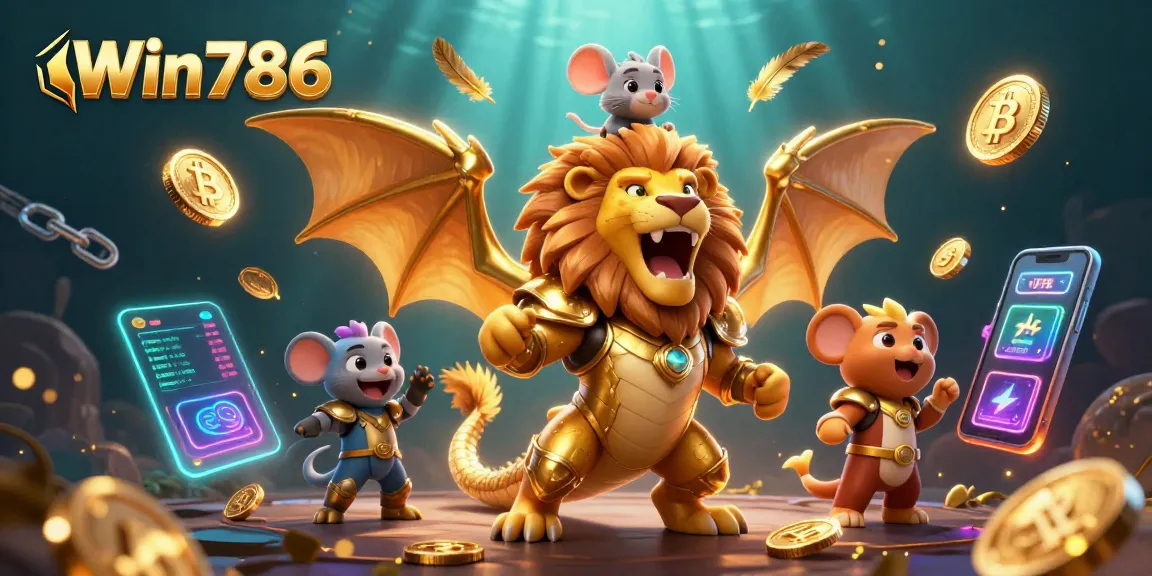 Engage with Win786's dynamic casino experience featuring a roaring chimera surrounded by glowing coins and exciting game elements.