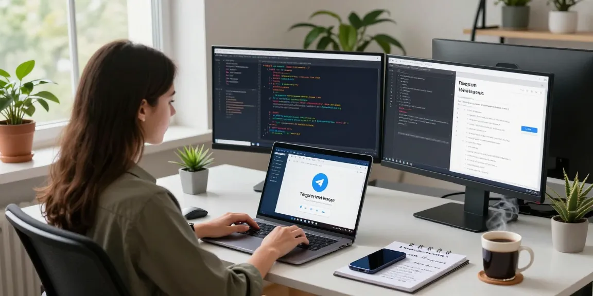 Focused professional utilizing the Telegram Web Version in a modern workspace, surrounded by tech essentials.