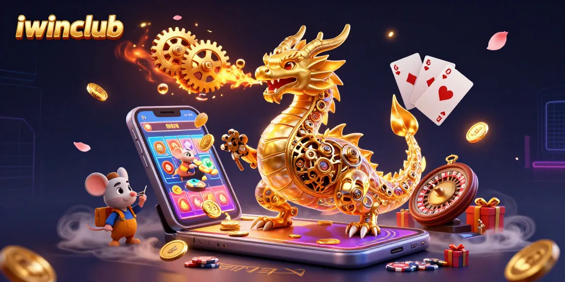 Engaging iwinclub scene featuring a golden dragon amidst dynamic gambling elements like slot games and poker.