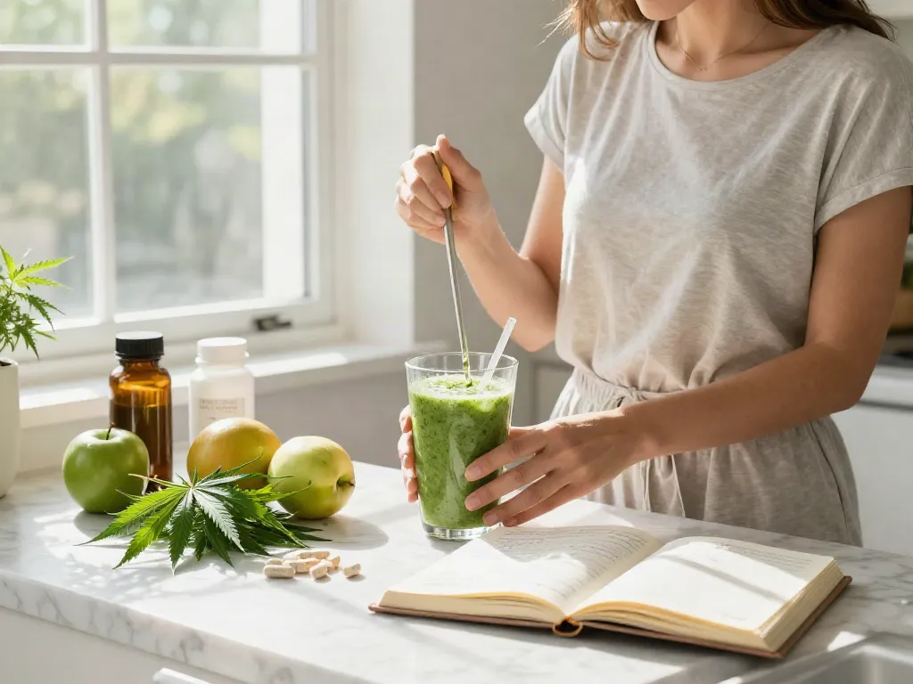 Dispensary that ships CBD oil with fresh herbs and wellness products in bright kitchen.