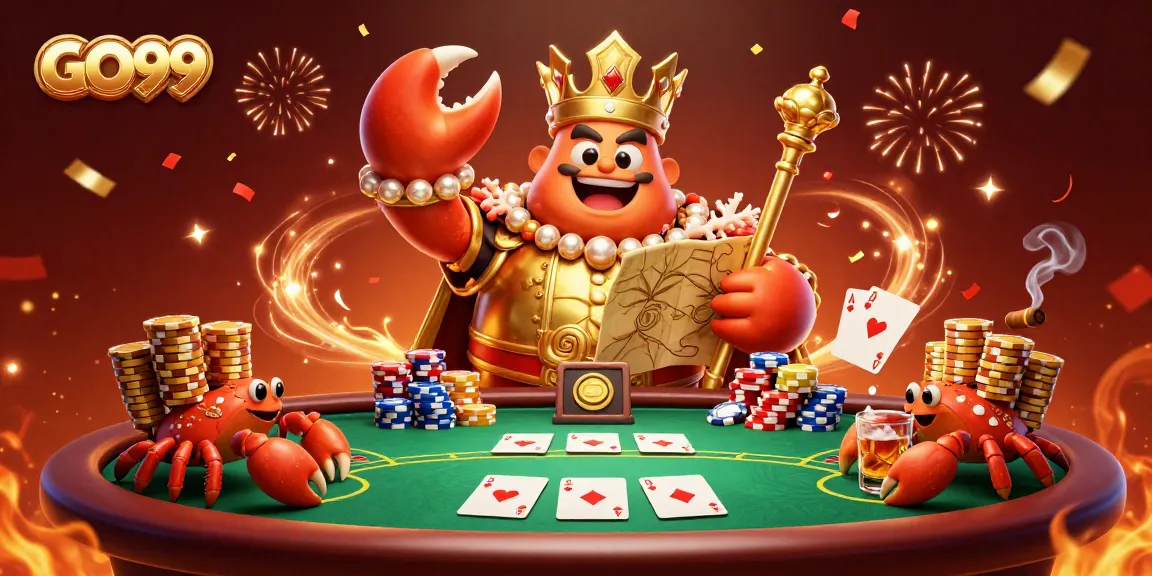 Engage in exciting GO99 casino action with a golden crab emperor and poker elements.