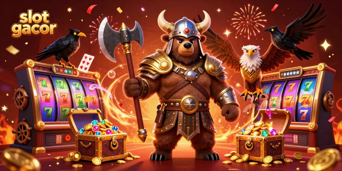 Experience thrilling slot gacor action with a Viking berserker and Valkyrie eagle in a vibrant casino scene