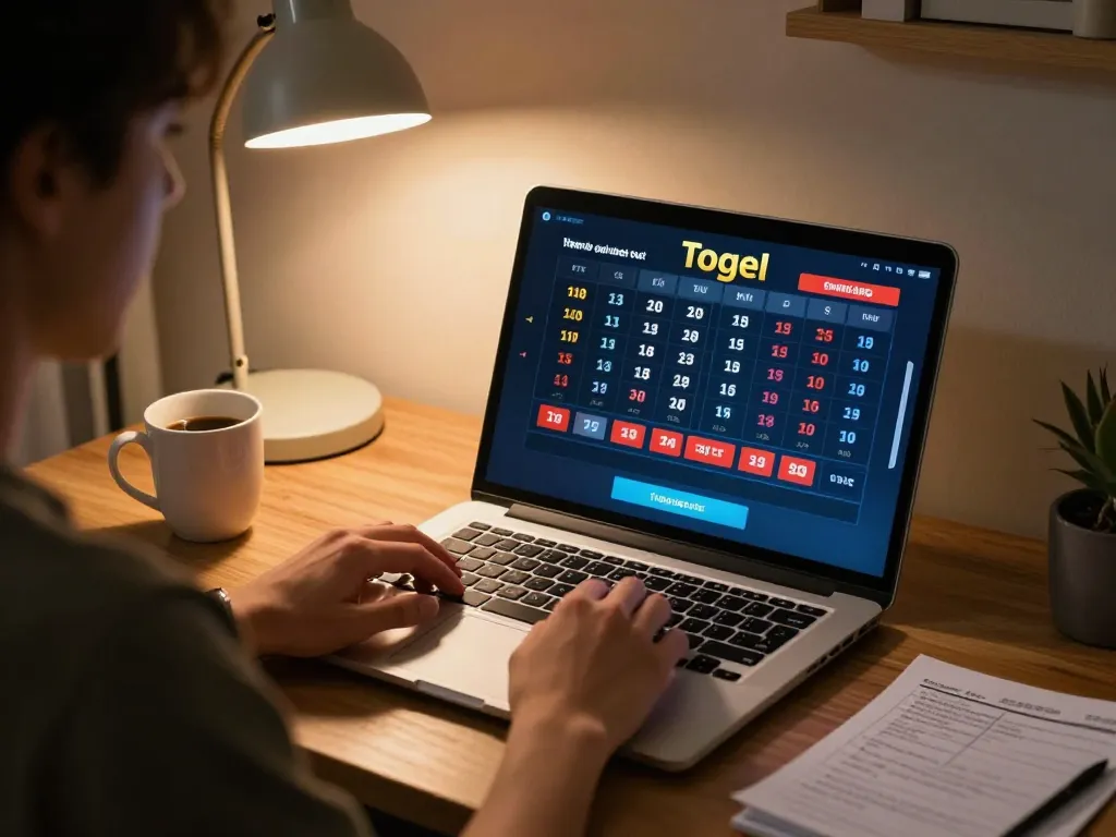 Player utilizing online gaming platform for Prediksi Jitu, enhancing togel strategies in cozy workspace.