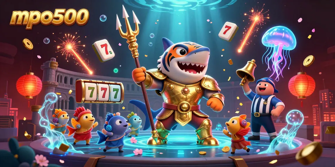 MPO500 showcases thrilling gaming adventure with a gladiator tiger shark in an underwater colosseum surrounded by slot reels and vibrant decorations.
