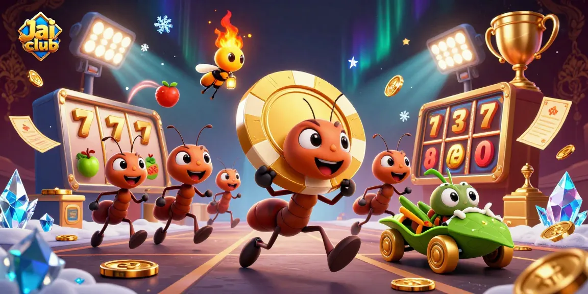 Engaging Jai club illustration featuring animated ants conducting a golden poker chip heist amid lively casino elements.