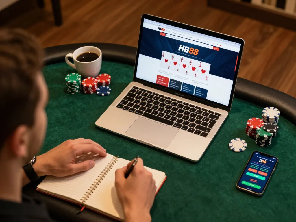 Player strategizing on HB88 poker game at home with laptop and notepad.