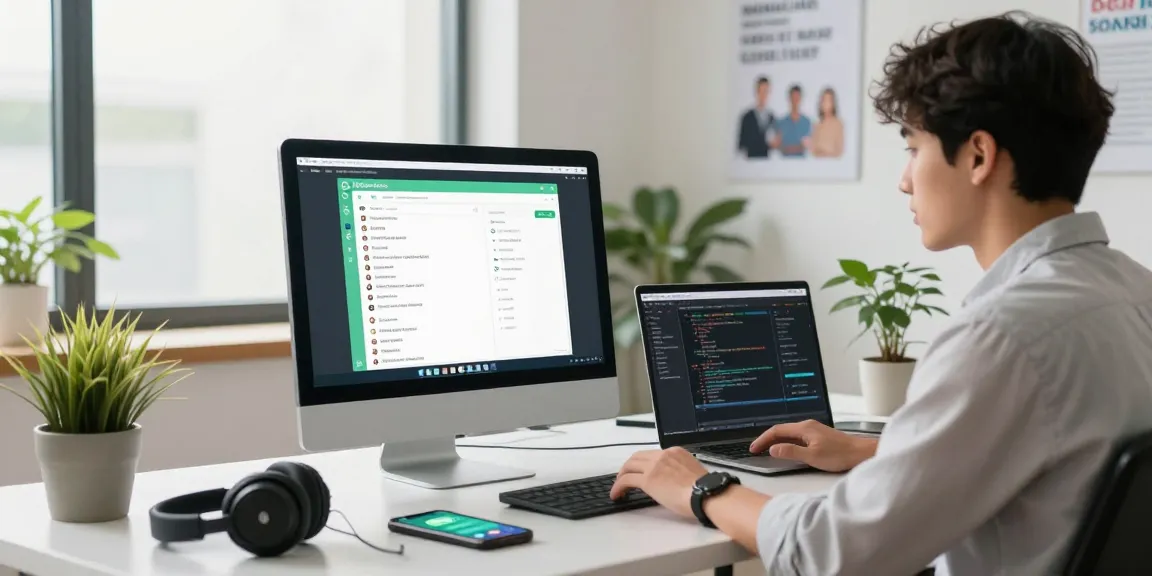 Professional using WhatsApp電腦版 in a bright workspace with tech elements.