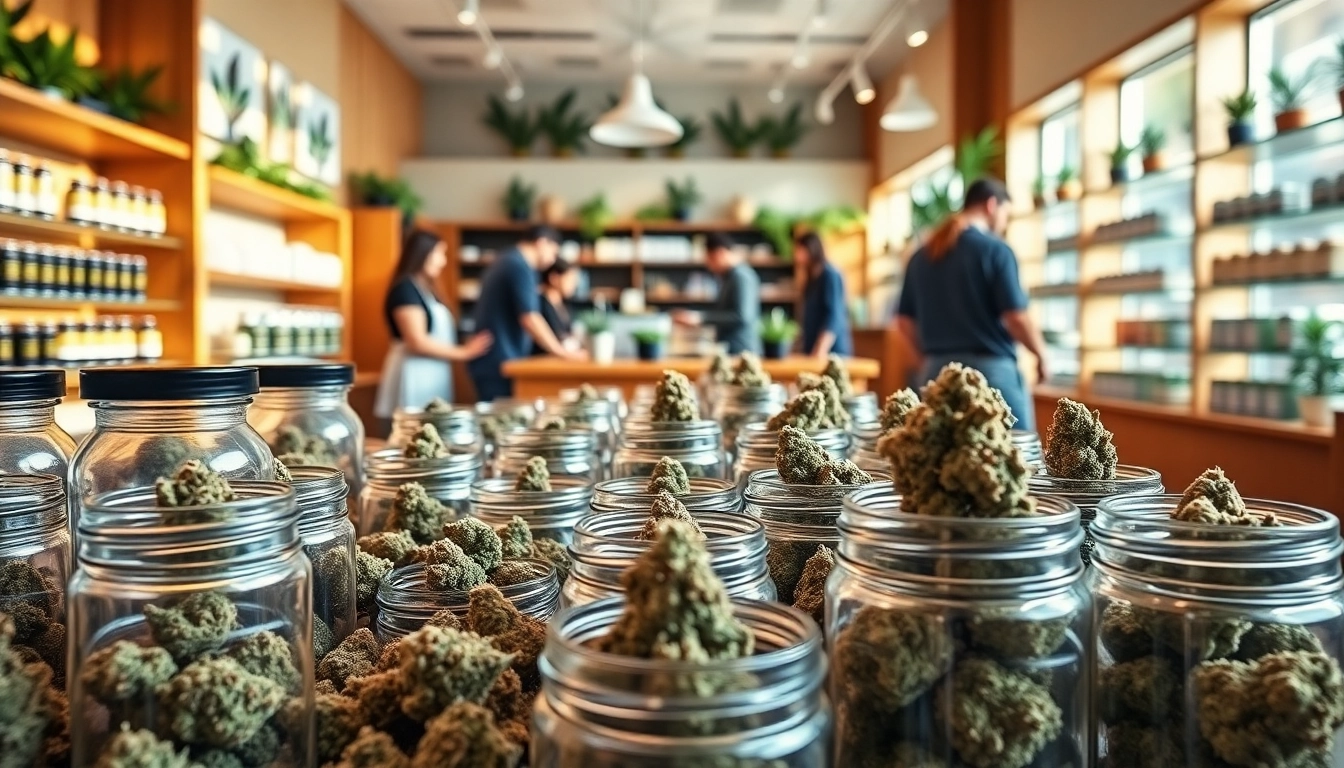 Buy cannabis from a modern store display featuring various vibrant strains.