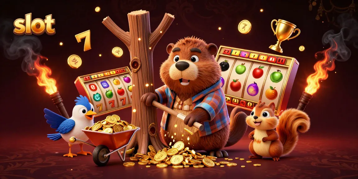 Spin exciting slot reels as a beaver chops trees raining golden coins in this vibrant casino scene.