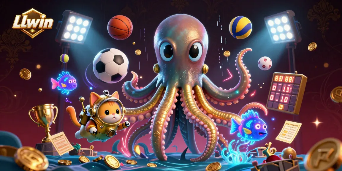 Engage in the thrilling underwater adventure of LLwin's gaming realm featuring a golden kraken and diving cat amidst dynamic sports elements.