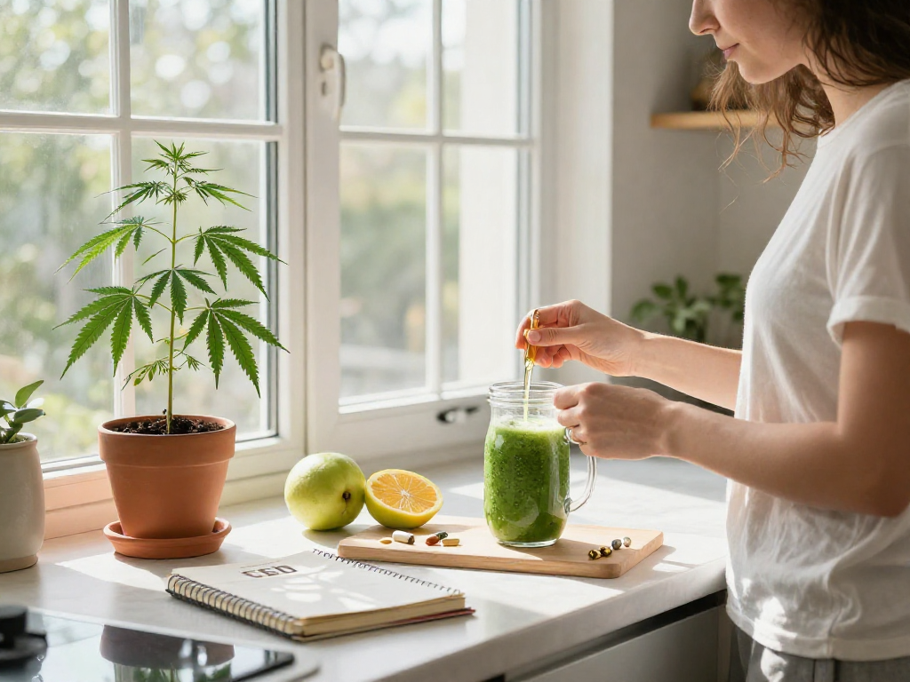 L'huile de CBD et Adderall sur un comptoir lumineux, mettant en évidence des habitudes de bien-être naturelles et biologiques, avec des extraits de chanvre frais et des produits efficaces.
