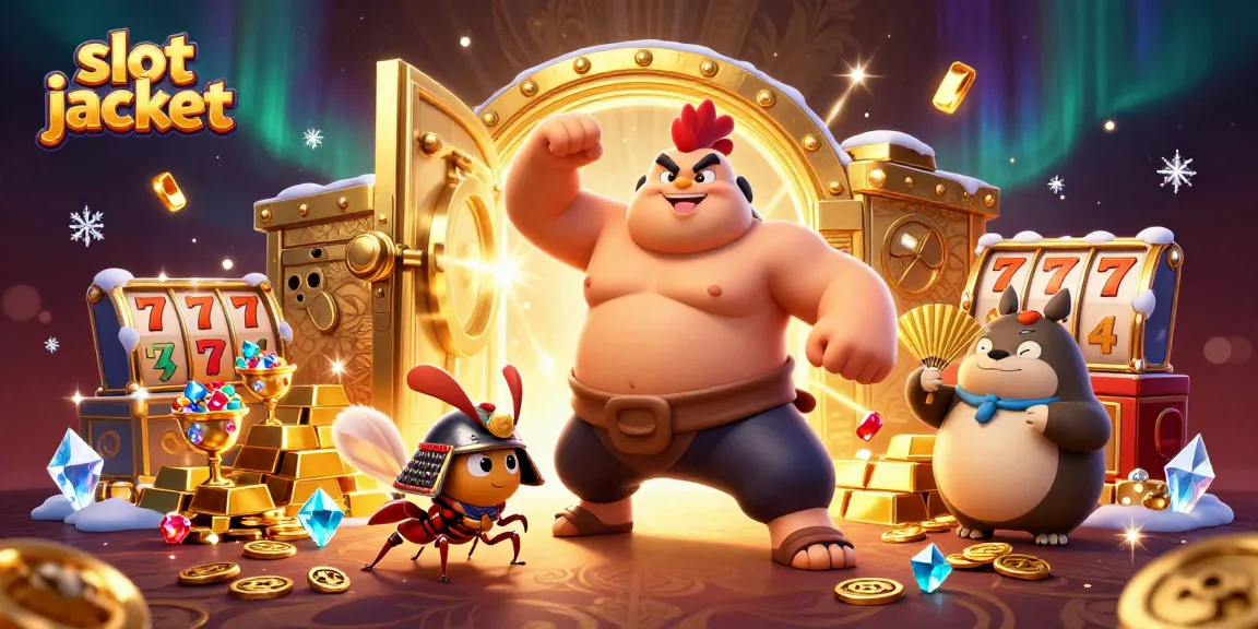 Enter the vibrant world of slot jackpots with a dynamic scene featuring a sumo wrestler rooster and a samurai cricket.