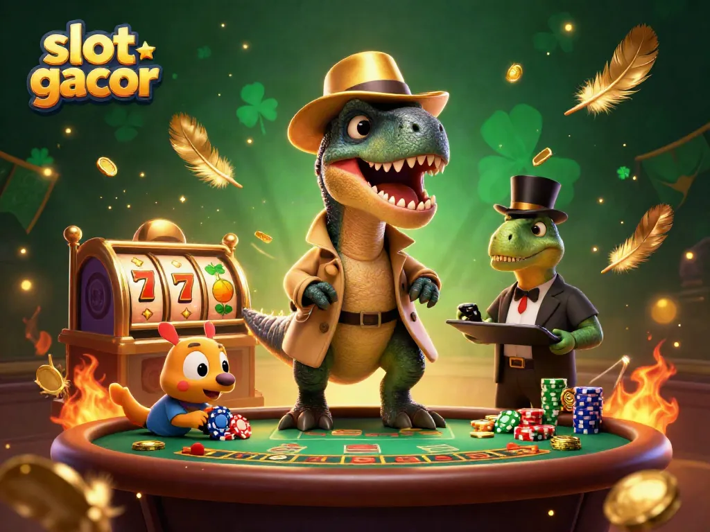 Engage with thrilling slot gacor games in a vibrant 3D casino scene featuring animated characters.
