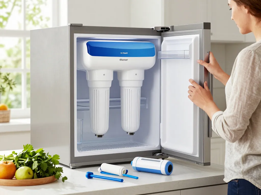Installing Overbest XWF Replacement for GE® XWF Refrigerator Water Filter in a bright home kitchen