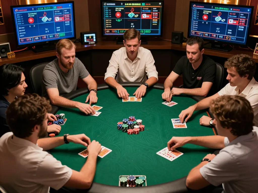 Fly88 players betting strategically during an exciting online poker game with digital interfaces.