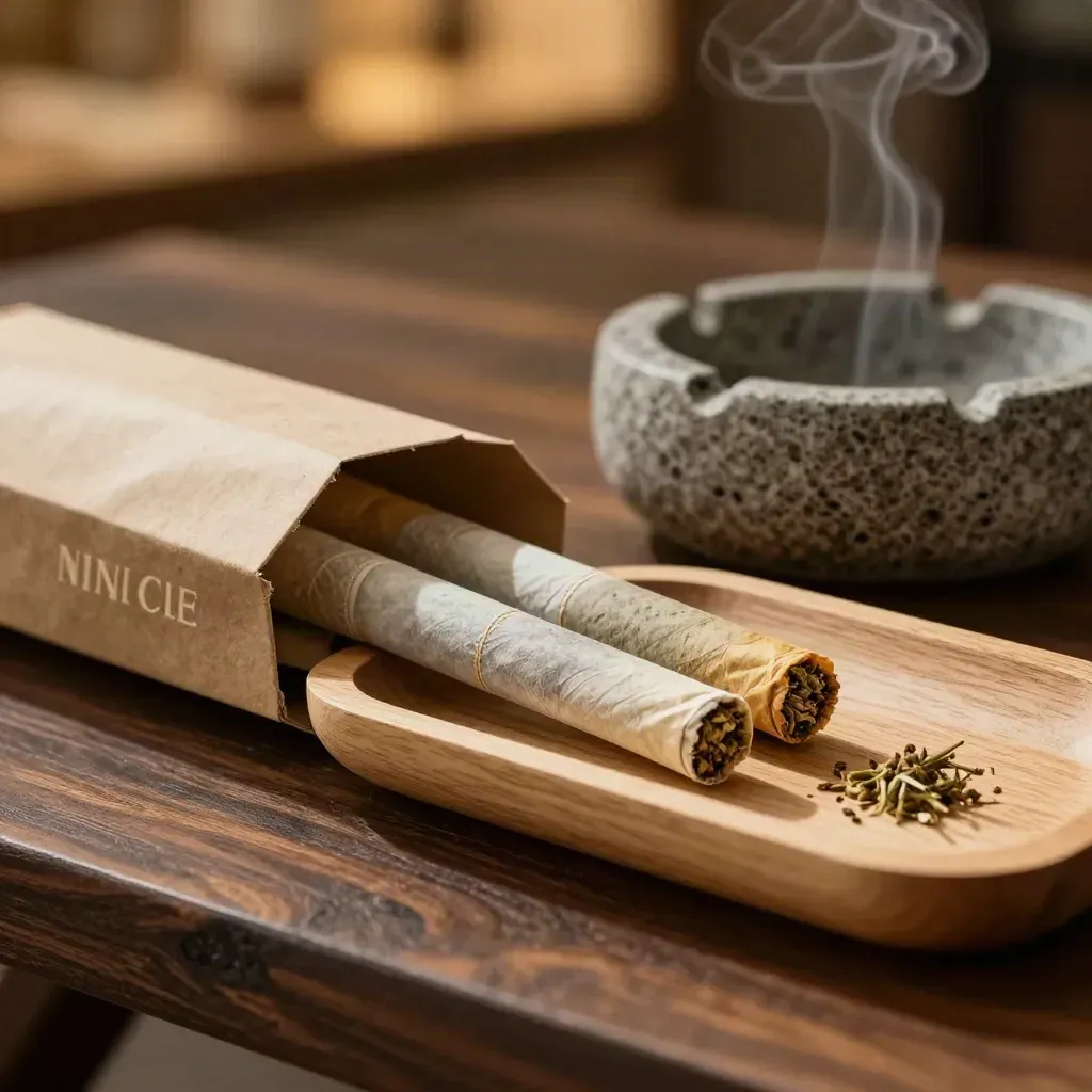 Pre-rolls tipping from a kraft sleeve beside stone ashtray and cedar tray in warm haze.