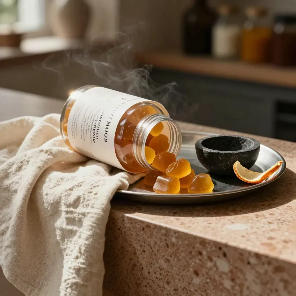 Unbranded mango gummies spilling from cream linen with stone bowl and citrus curl