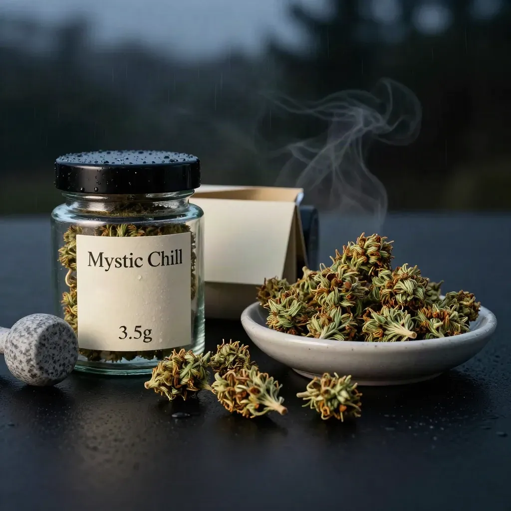 Open smoked-glass cannabis jar with buds, grinder puck, sleeve and dish on a dark studio surface.