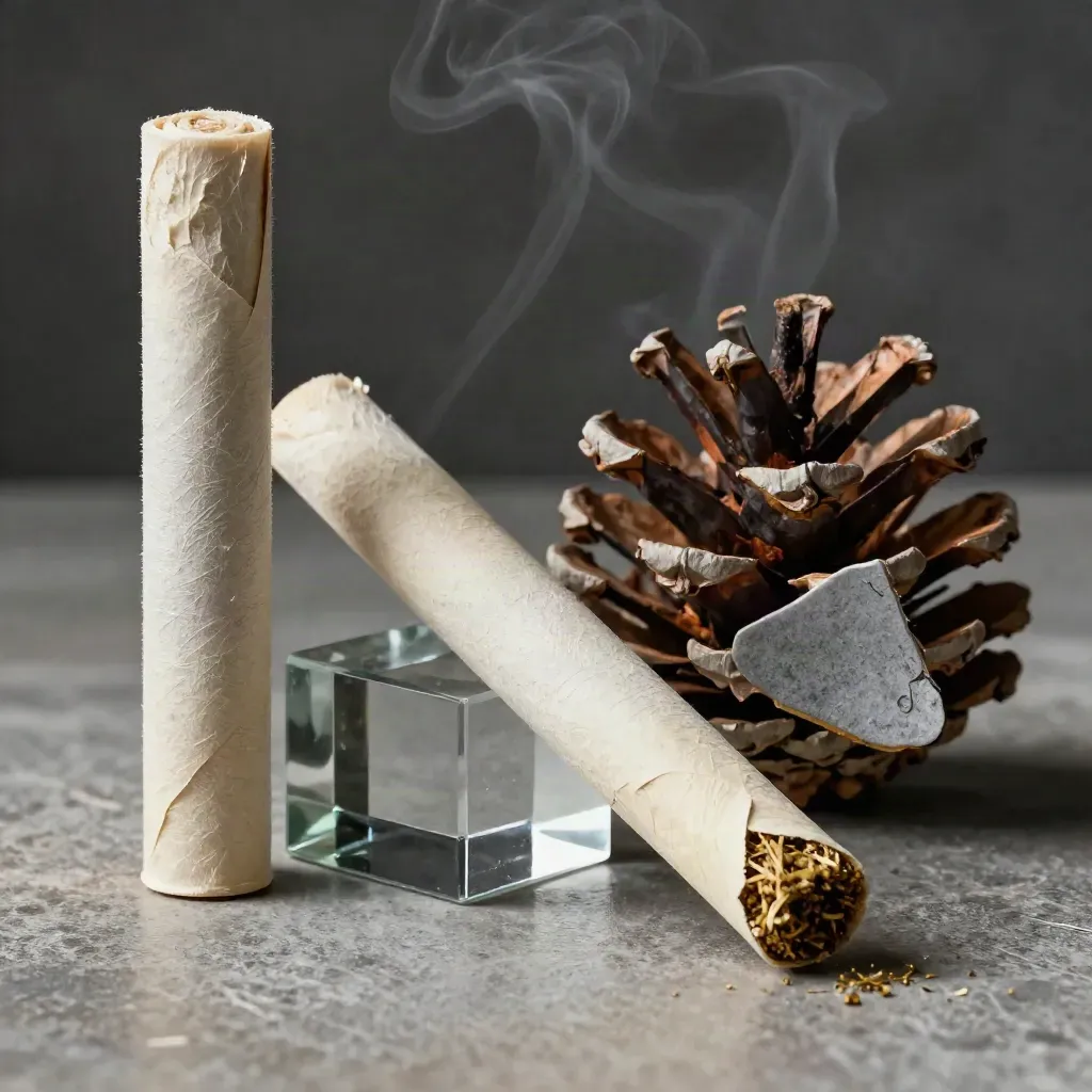 Macro pre-roll pack with pine shard, ceramic chip, and smoked glass in moody light.