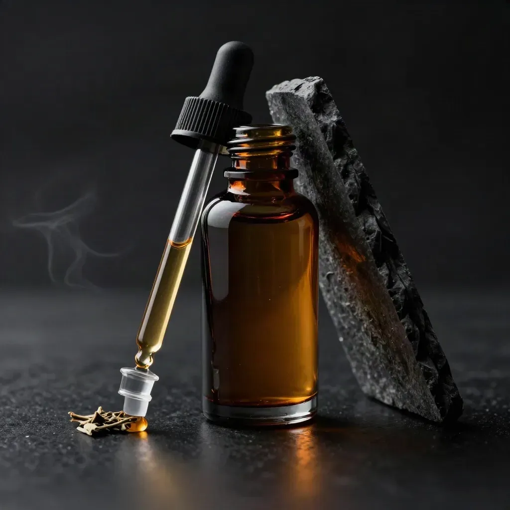 Dark tincture bottle with dropper, slate tile, herb fragment and glass stopper in dramatic studio light.