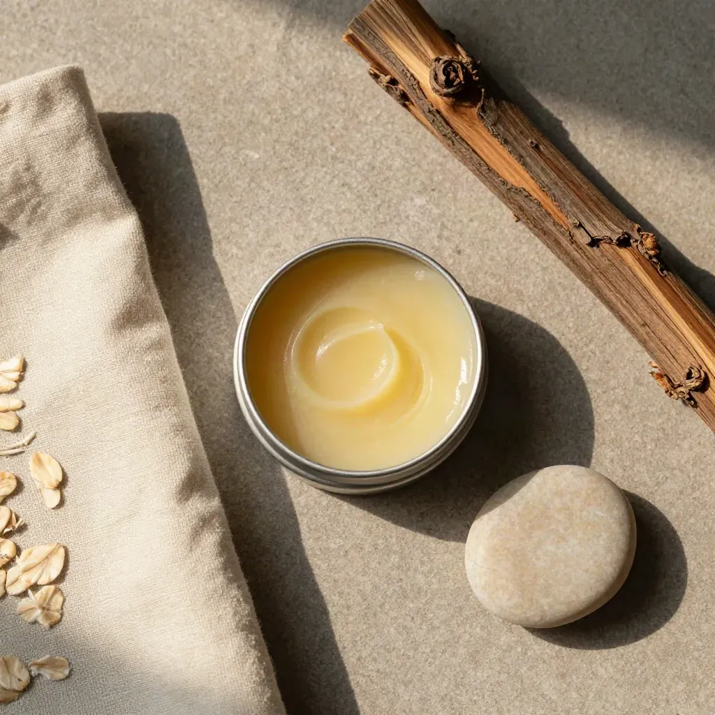 Top-down balm tin with linen, cedar twig, and stone pebble on a stone slab.