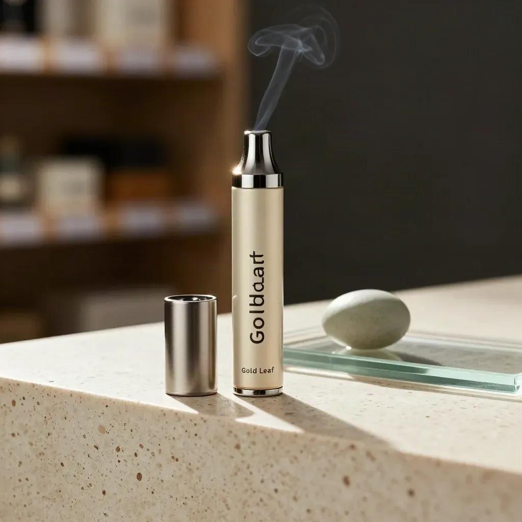 Gold vape cart with metal cap, sage pebble and glass tray on travertine