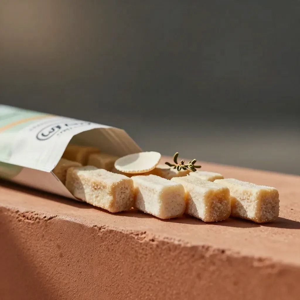 Opened Moon Path Soft Chews lined beside paper wrap, herb sprig, and cream stone chip on terracotta ledge.