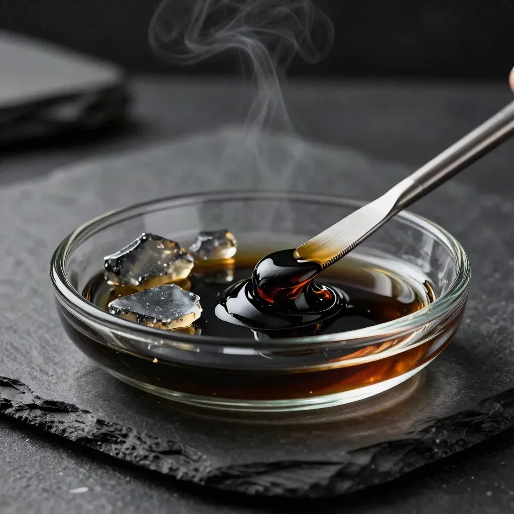 Amber resin concentrate in a glass dish with a steel dab tool on dark slate.