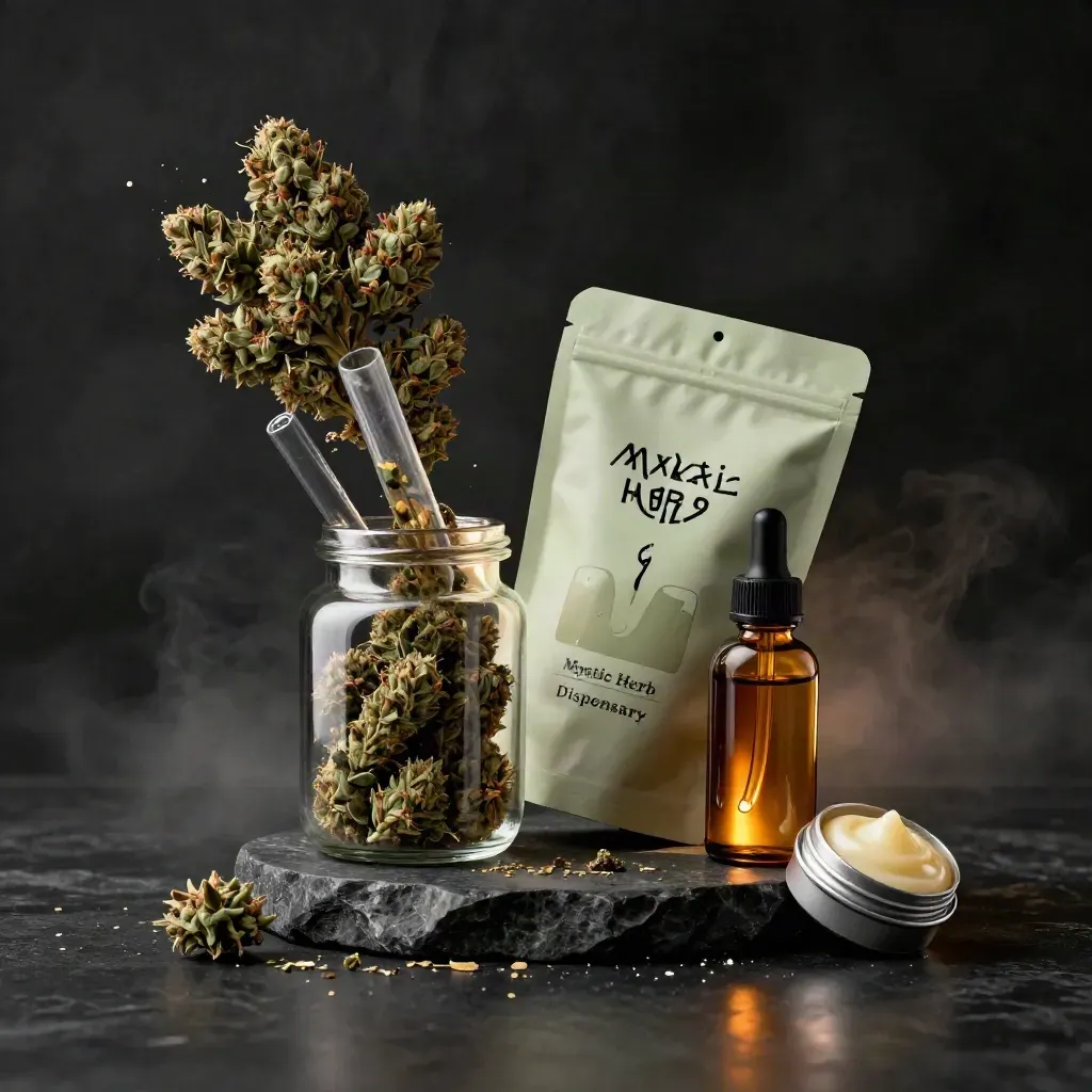 Unbranded cannabis products bursting from a stone pedestal under dramatic studio light.