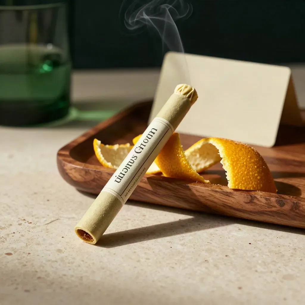 Open pale paper tube with two citrus pre-rolls on a cedar tray, softly lit with a peel curl.