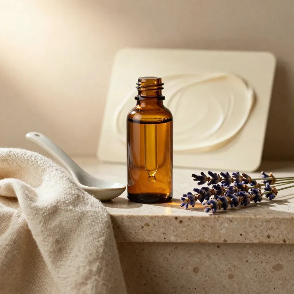 Amber tincture bottle with dropper, linen, spoon and lavender stems in soft natural light.