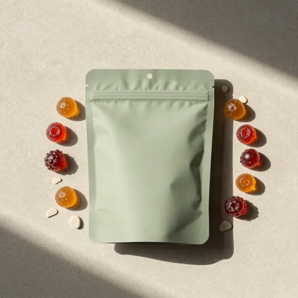Overhead flatlay of berry gummies with a pouch, cut berry, and pale stone chips