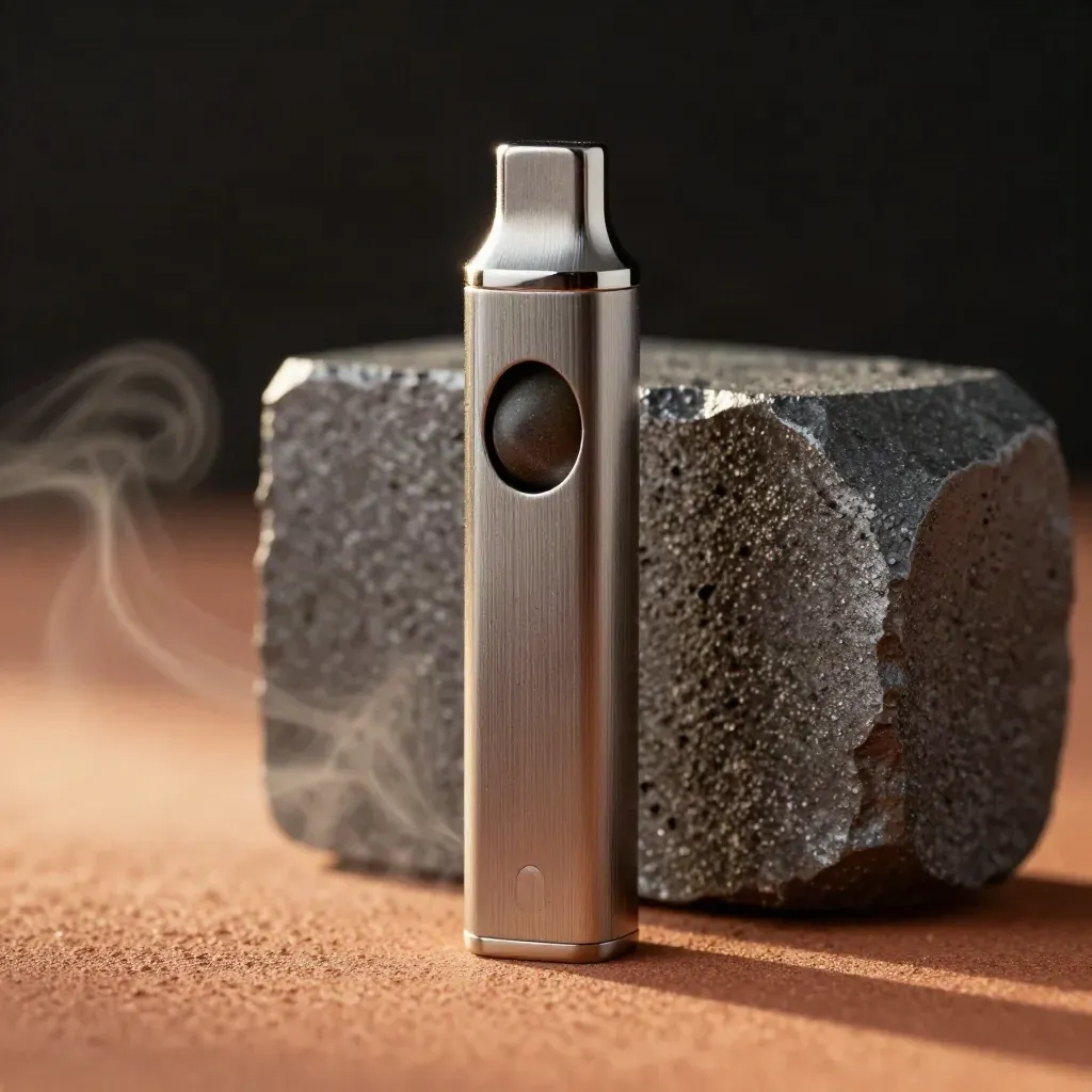 Macro of a brushed-metal vape pen, ceramic pebble, graphite block, and rising vapor.