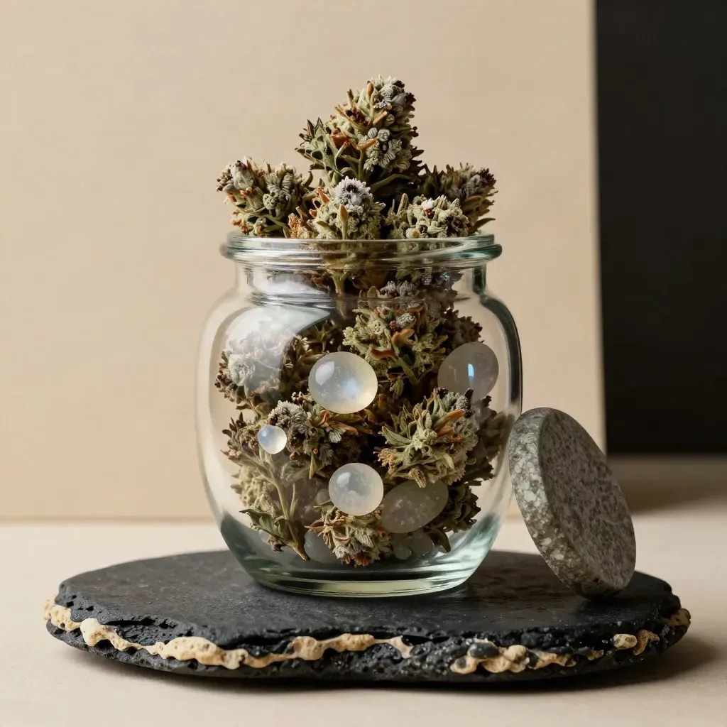 Open blue moon flower jar with buds, moonstone chips, and a scoop on charcoal stone.