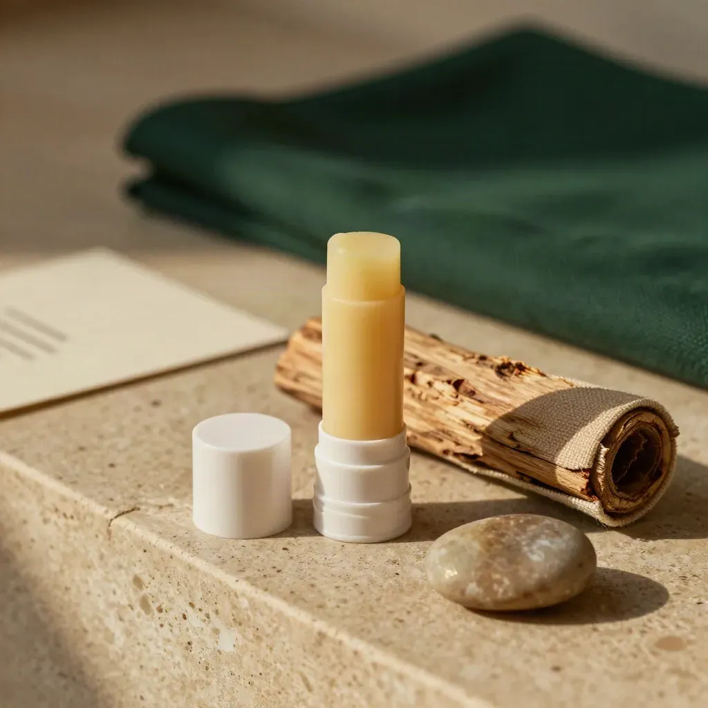 Earth Balm Stick travel size with canvas, cedar twig, pebble on a limestone ledge