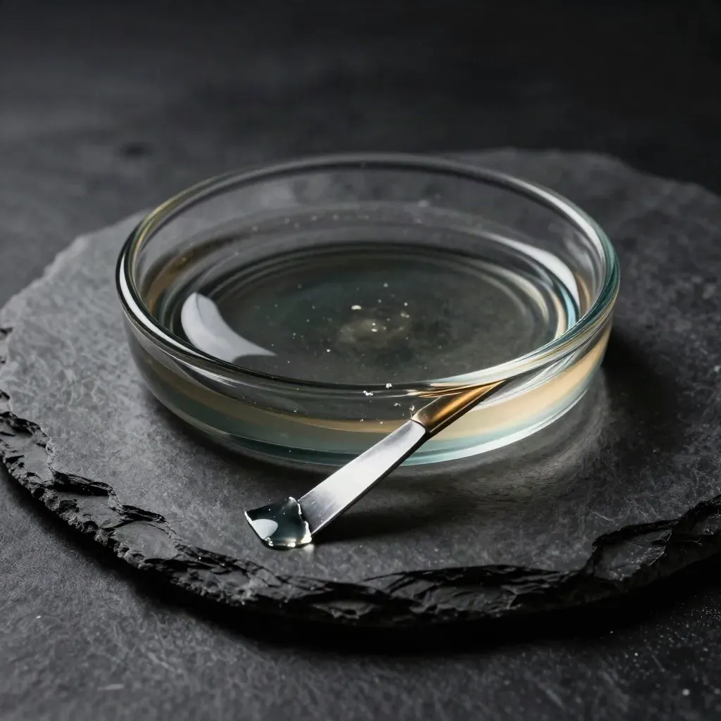 Glass dish of concentrate with dab tool on fractured slate, dramatic dark studio lighting.