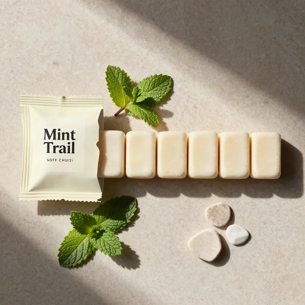 Overhead flat lay of mint chews with mint leaves and pale stone chips on matte stone.