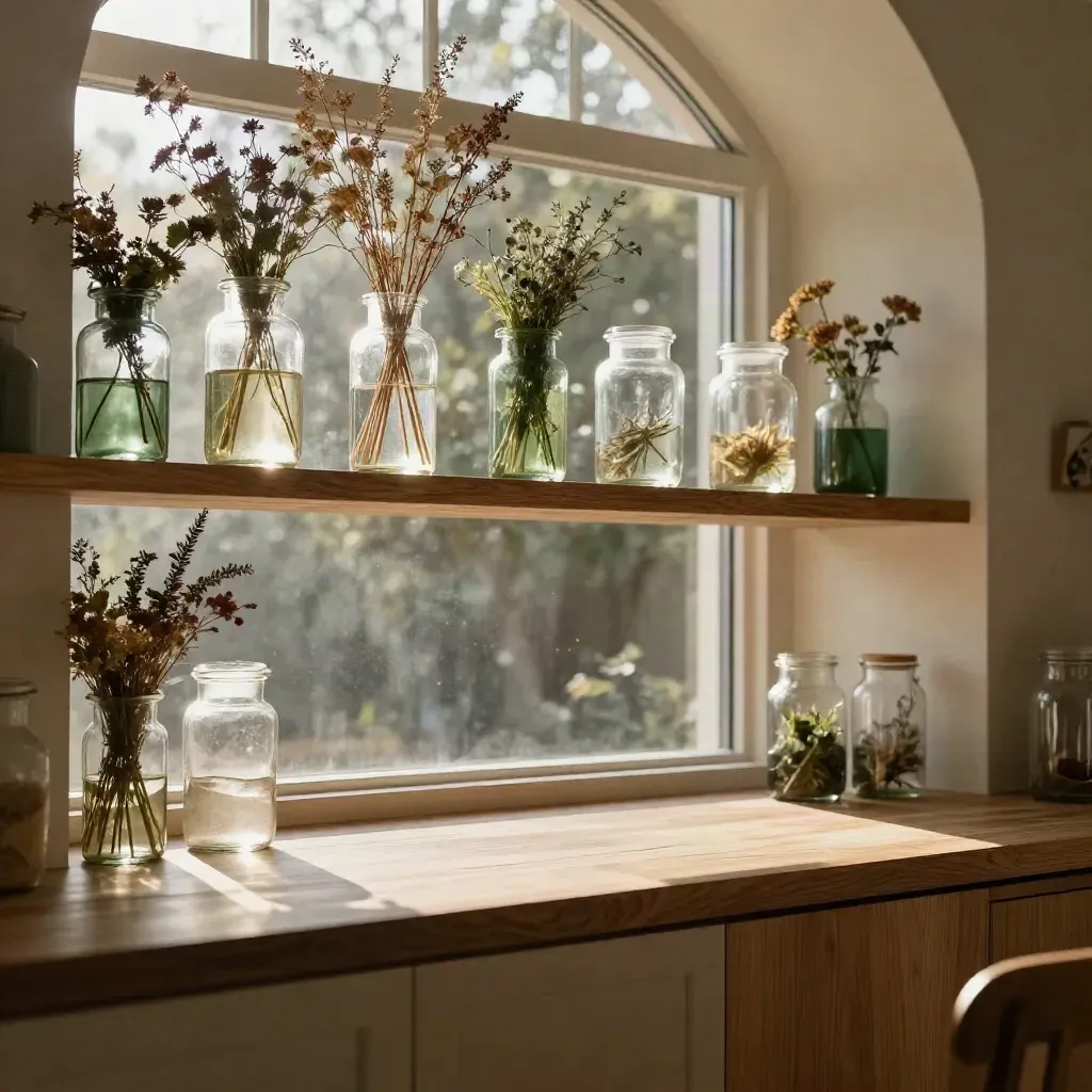 Sunlit flower room counter with dried stems, glass jars, and clerestory window light.