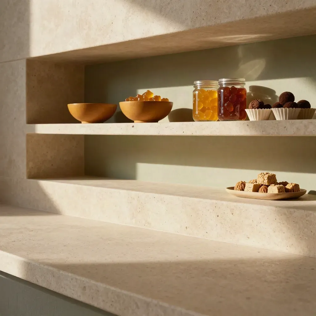 Sunlit edibles shelf vignette with stone ledges, amber bowls, and calm copy space below.