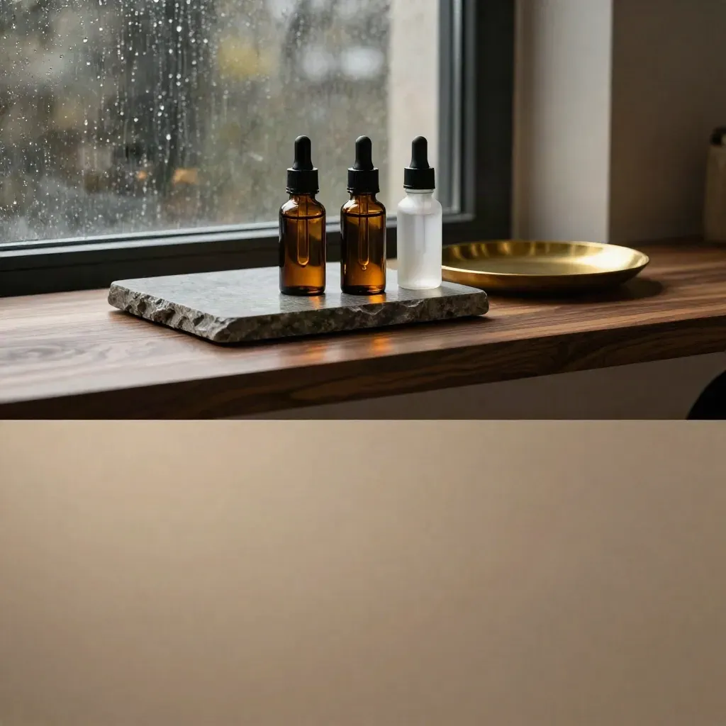 Walnut tincture desk by a rain-streaked window with amber bottles and stone