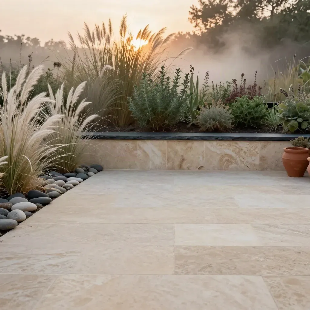Herb terrace with river stones, reed grass, and misty evening light.