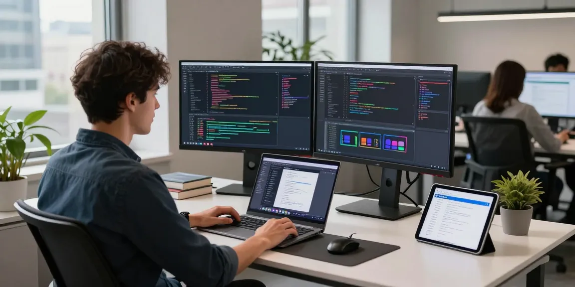Developer in a modern workspace focused on coding, representing telegram官网 innovation in tech.